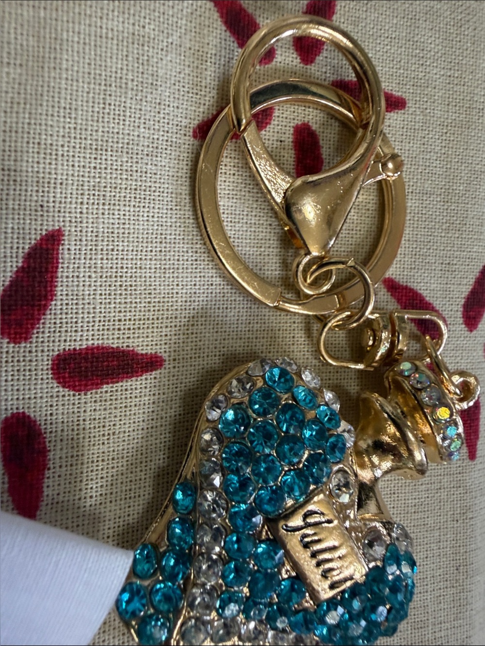 Gold Keyring Heart Charm with Teal Crystals -